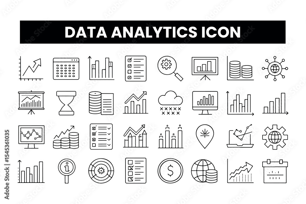 Poster set of outline icons related to data analytics . linear icon collection. editable stroke. vector ill