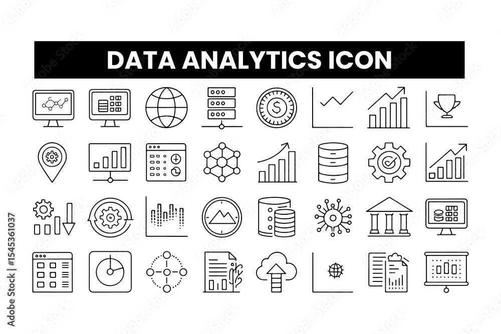 Poster set of outline icons related to data analytics . linear icon collection. editable stroke. vector ill