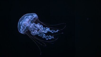 Glowing translucent jellyfish over black deep ocean water background