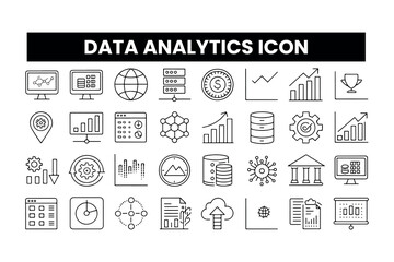 Set of  outline icons related to data analytics . Linear icon collection. Editable stroke. Vector illustration