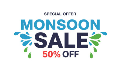 Stylish Monsoon Sale design featuring vibrant water splash elements perfect for promotional banners, website headers, or social media posts promoting seasonal discounts and offers.