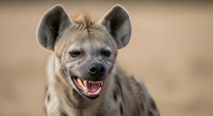 Obraz premium Intense Hyena Close-Up: Spotted Coat, Prominent Ears & Open-Mouthed Expression Captured in Wild Detail