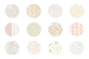Set of round abstract backgrounds or patterns in warm pastel colors. Hand drawn doodles. Spots, stripes, spirals, curves, lines. Modern trendy vector illustration. Posters, social media icon templates