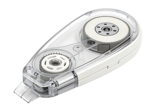Detailed close up view of a white correction tape dispenser on a black background
