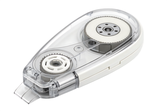 Detailed close up view of a white correction tape dispenser on a black background