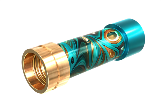 Teal and gold marbled cylinder with brass fittings isolated on a white background