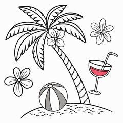 summer doodle icon set, . Hawaii beach holiday rest, palm tree,  vertor