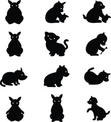 Obraz premium Charming collection of cute animal and pet silhouettes including cats, dogs, bears, rabbits, and other creatures, ideal for children's designs and animal themes.