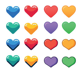 Collection of colorful cartoon style heart icons in various colors and styles. Glossy and vibrant vector set ideal for stickers, romantic graphics, love themes, or digital messaging.
