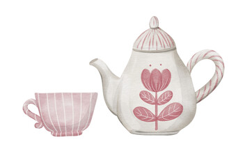 Watercolor isolated illustration of teapot and teacup with floral design on transparent background 