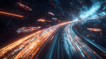 Futuristic interstellar travel with vibrant spaceships and cosmic trails in space