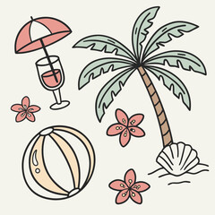 summer doodle icon set, . Hawaii beach holiday rest, palm tree,  vertor