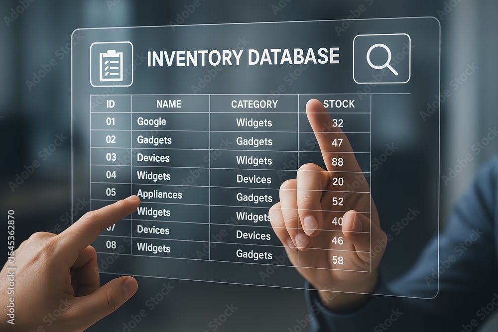 Poster a sleek, digital inventory database interface displays key metrics, highlighted by a hand gesturing,