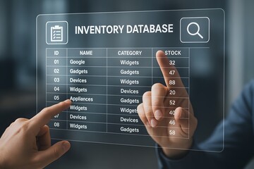 A sleek, digital inventory database interface displays key metrics, highlighted by a hand gesturing, set against a modern backdrop.