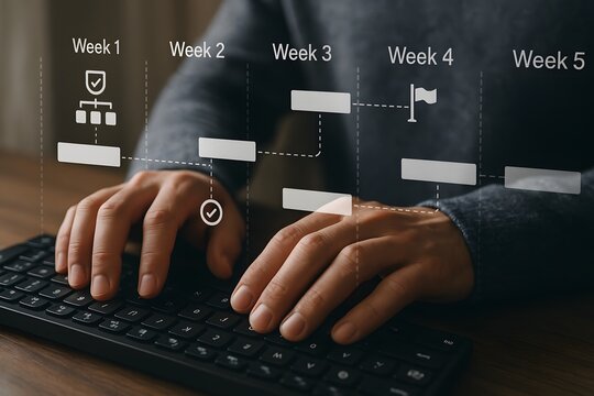 Hands meticulously working on keyboard to plan project development. Showcasing digital interface with weeks sequence diagram. Emphasizing project planning and time management.