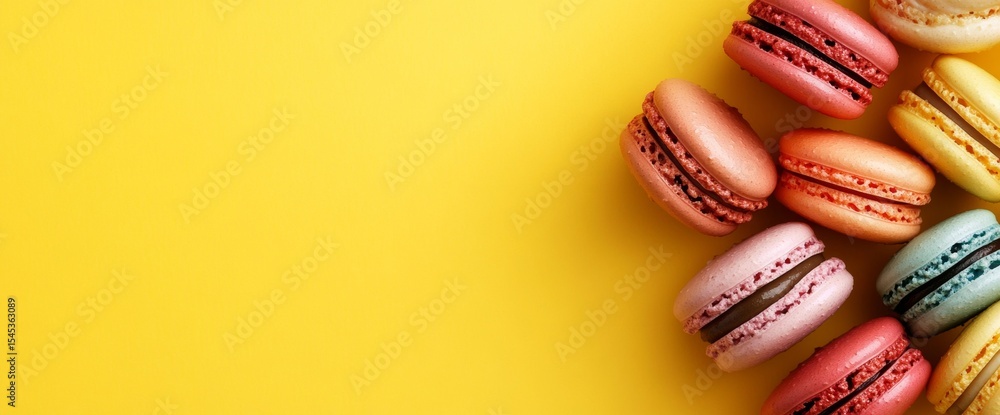 Poster a vibrant display of colorful macarons positioned on a bright yellow background emphasizes a minimal