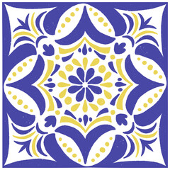 Blue yellow Italian Amalfi glazed ceramic tile pattern, Sicilian vintage hand painted ceramic ornament, Mediterranean classic geometric floral decor. Vector hand drawn illustration for summer design.