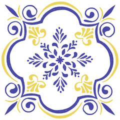 Blue yellow Italian Amalfi glazed ceramic tile pattern, Sicilian vintage hand painted delicate ornament, Mediterranean classic geometric floral decor. Vector hand drawn illustration for summer design.