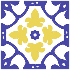 Blue yellow Italian Amalfi glazed ceramic tile pattern, Sicilian vintage hand painted floral ornament, Mediterranean classic geometric decor. Vector hand drawn illustration for summer design.