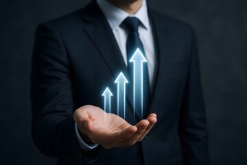 A well-dressed professional holds upward-pointing arrows, illustrating growth and progress in a business context, a symbol of achievement and improvement.