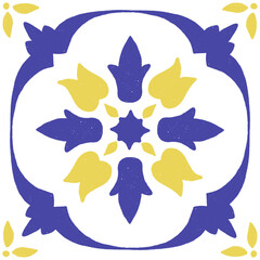 Blue yellow Italian Amalfi glazed ceramic tile pattern, Sicilian vintage hand painted flower ornament, Mediterranean classic geometric floral decor. Vector hand drawn illustration for summer design.