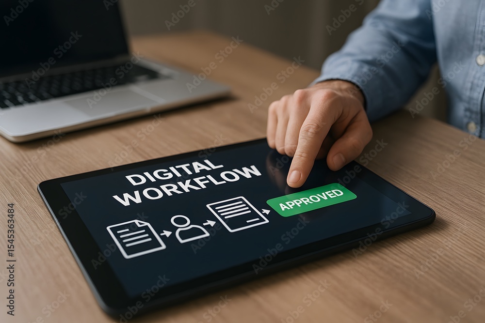 Poster a person engages with a digital workflow on a tablet, representing efficient, paperless processing.