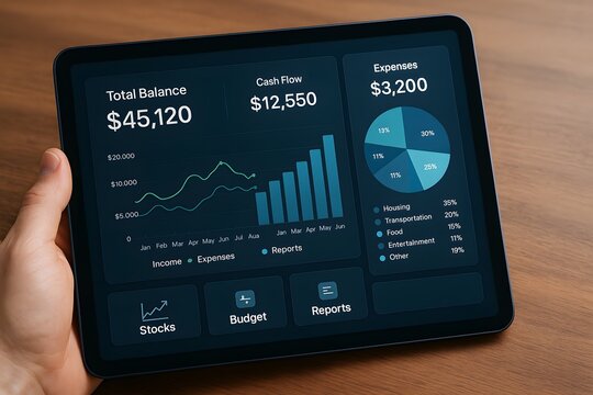 A modern tablet displaying a comprehensive financial dashboard, detailing crucial metrics like balance, cash flow, and expenses, highlighting digital finance.