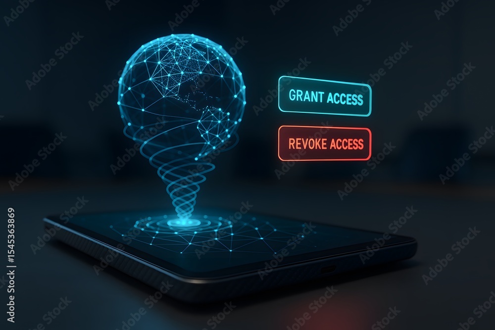 Poster grant or revoke access shown in a futuristic display projected above a mobile phone.