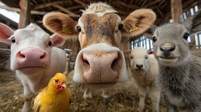 Cute farm animals standing close to camera in a barn including cow calf chicken lamb and goat straw on the ground wooden shed rustic atmosphere friendly curious expressions