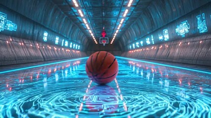 Futuristic basketball court in a glowing tunnel - Powered by Adobe