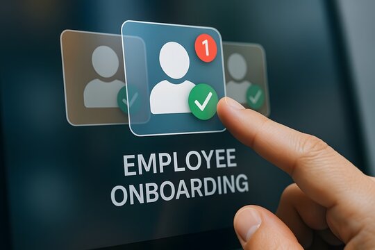 A finger taps a digital screen showcasing an employee onboarding process, highlighting the streamlined integration of new team members.