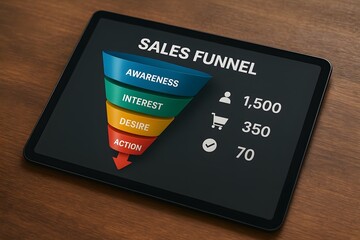 A modern digital marketing illustration highlighting the customer's journey in a sleek presentation. A stylized funnel represents the path from awareness to action.