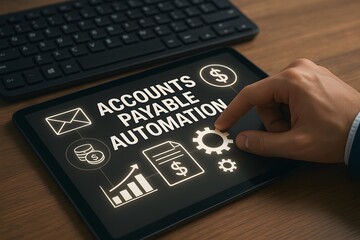 A hand interacts with a tablet displaying "Accounts Payable Automation," surrounded by relevant icons, symbolizing streamlined financial processes.