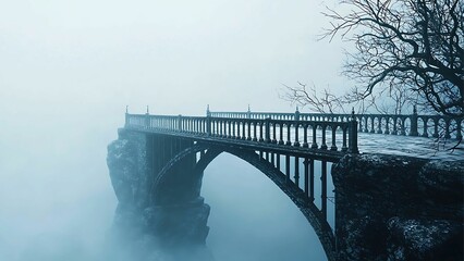 Obraz premium A bridge disappearing into heavy fog, creating a sense of mystery and wonder. The bare tree add to the dramatic, ethereal feel.