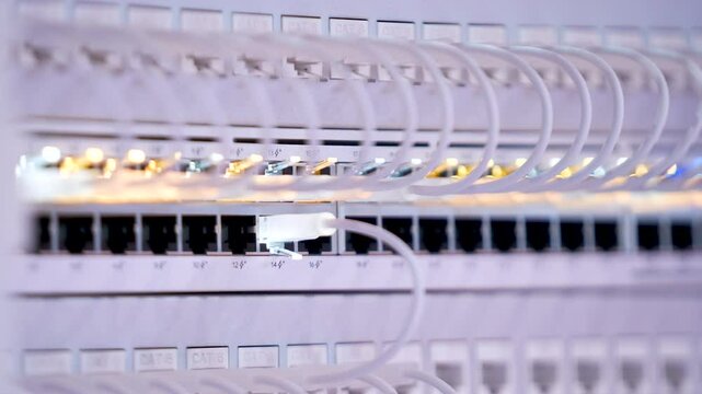Switching hubs in IPS server room with cables and glowing lights