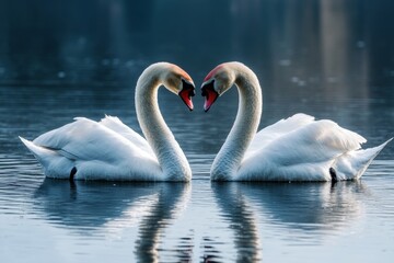 Fototapeta premium A pair of elegant swans intertwine their necks, creating a heart shape on the calm surface of the lake, reflecting the soft morning light in peaceful surroundings