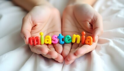 Miastenia word in Portuguese made with colorful letters representing muscle weakness awareness and inclusive health care