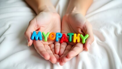Myopathy plastic letters in hands representing muscle disease awareness and inclusive support