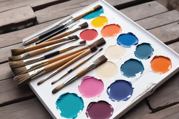 Colorful Paint Brushes and Palette Outdoors