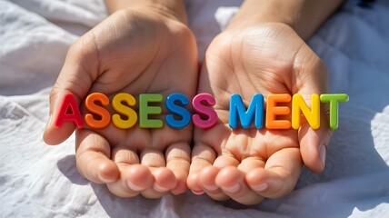 Assessment plastic letters in hands symbolizing evaluation tools and inclusive education strategies