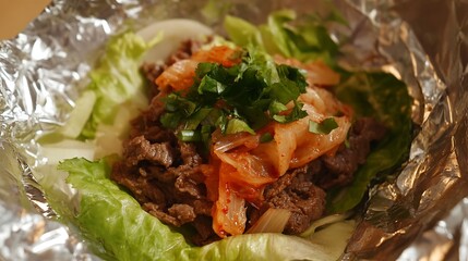 Korean beef bulgogi wrap with kimchi and lettuce in foil-lined paper 