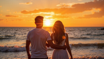 Hispanic couple embracing sunset at beachside, love and tranquility