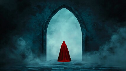 A mysterious figure in a red cloak stands before a gothic archway, shrouded in an eerie fog, creating a captivating scene