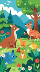 Naklejka premium Whimsical forest scene with cute animal characters and lush greenery for children's designs