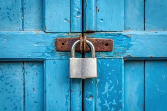 Cool wallpapers, backgrounds, and a padlock securing a weathered blue wooden door - Powered by Adobe