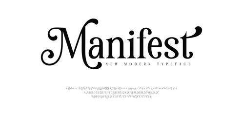 Manifest elegant font, vintage type or luxury premium typeface, vector English royal alphabet. Classic typography in modern or old art deco style, serif letters for modern or retro poster font
