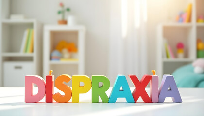 Dispraxia in Portuguese formed with wooden letters representing developmental coordination disorder awareness and neurodivergent inclusion