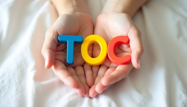 TOC word in Portuguese made with colorful letters representing OCD awareness and mental health support