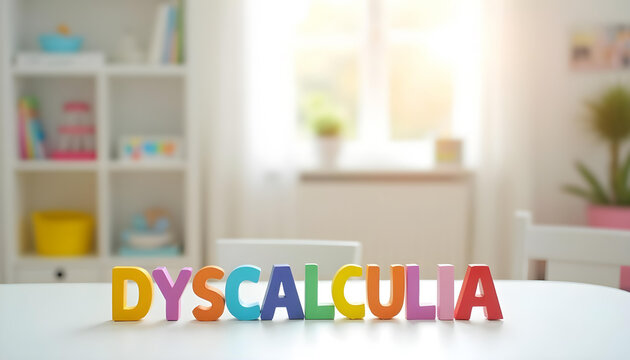 Dyscalculia spelled with wooden letters representing math learning disorder and inclusive neurodivergent support - Powered by Adobe
