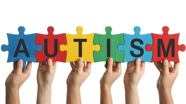 Hands holding colorful autism puzzle pieces symbolizing unity inclusion and neurodiversity awareness - Powered by Adobe